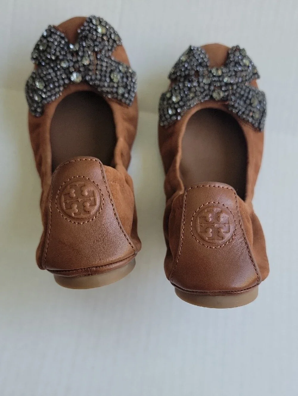 Tory Burch Brown Suede Ballet Flats with Crystal Bow